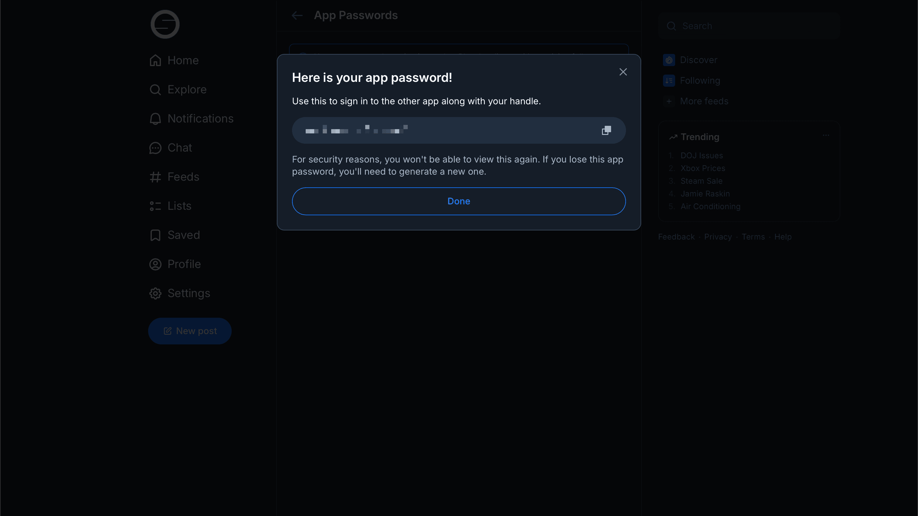 The generated Bluesky App Password