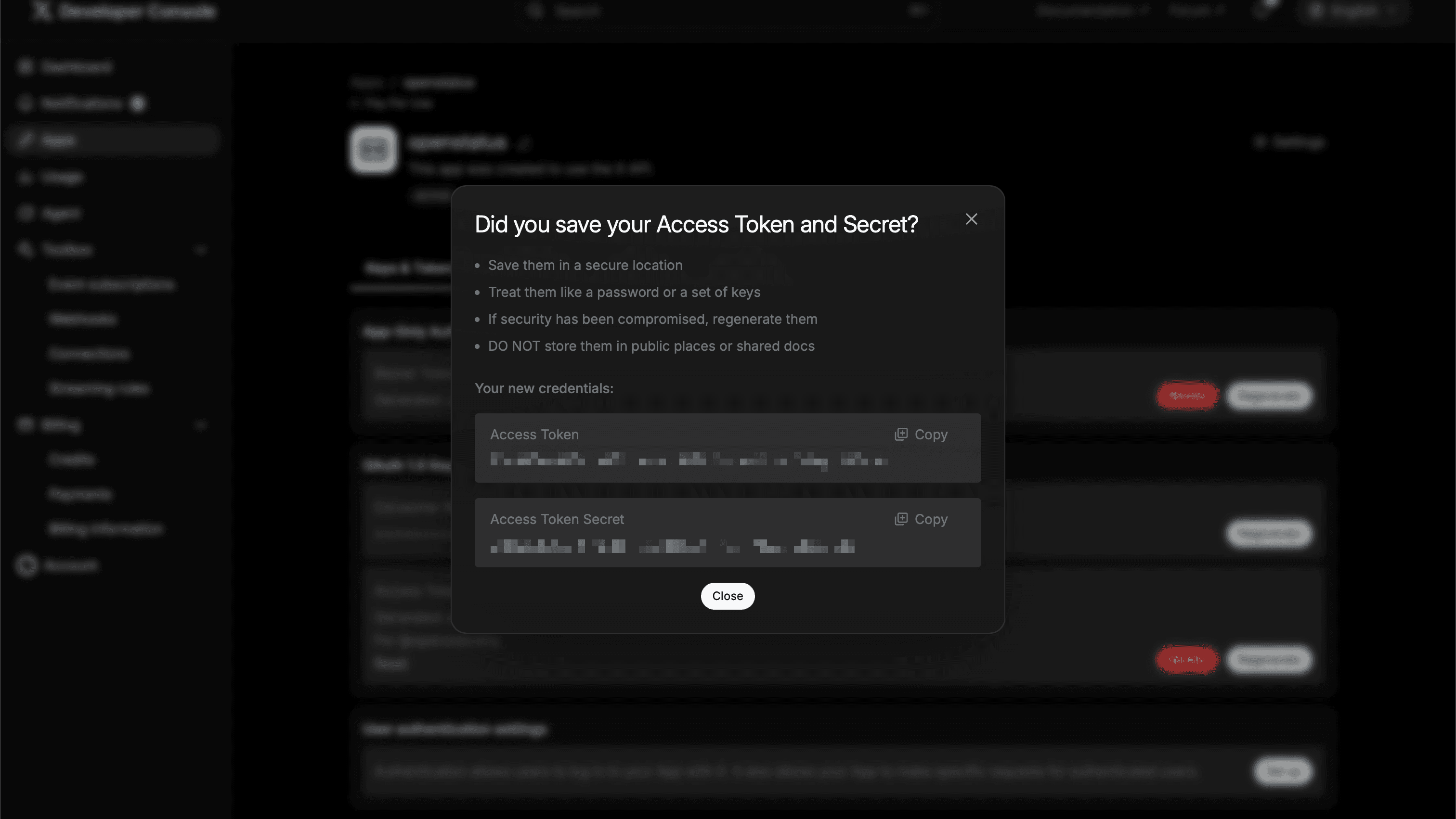 X access token and secret generated
