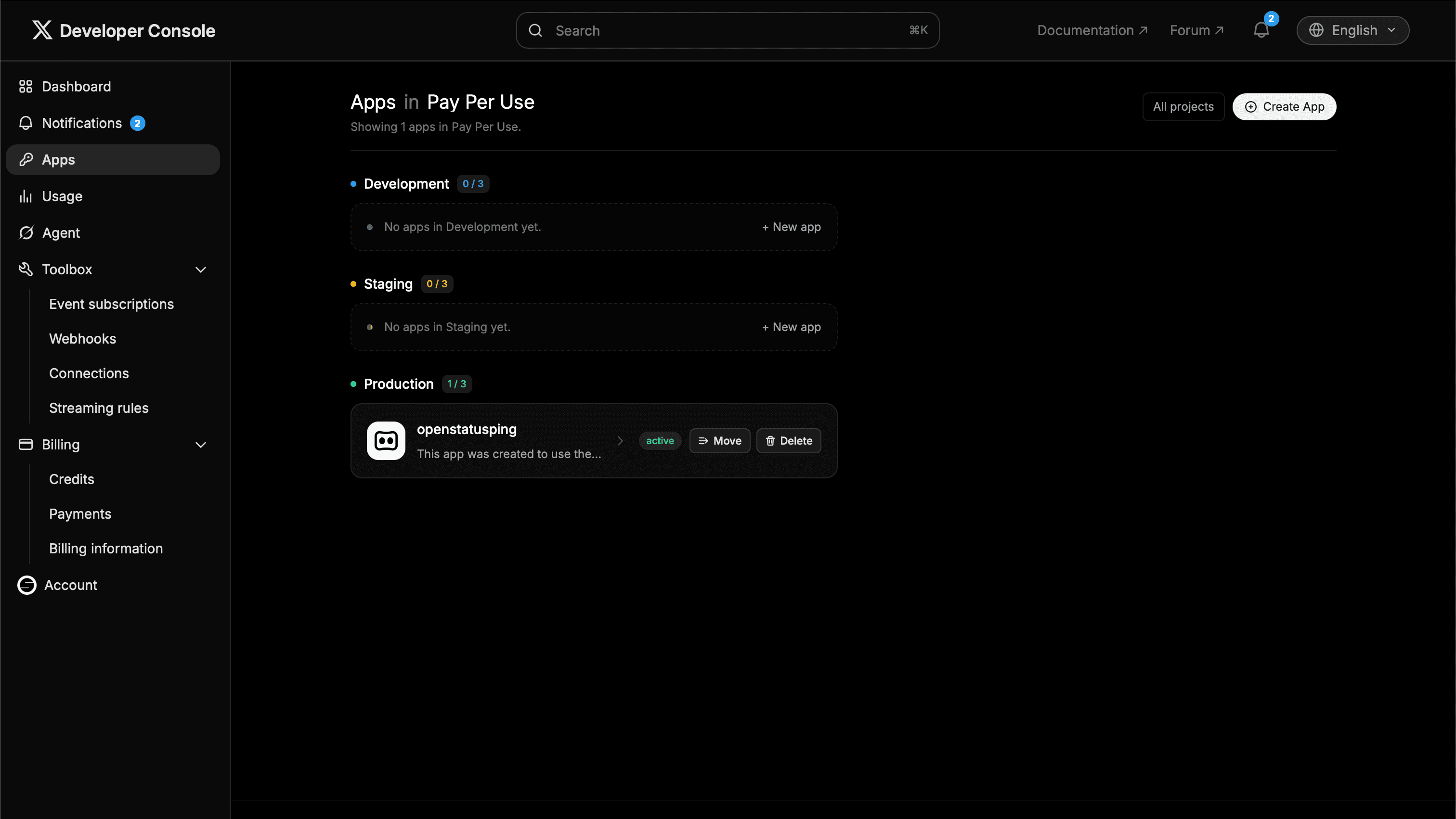 X Developer Console apps list