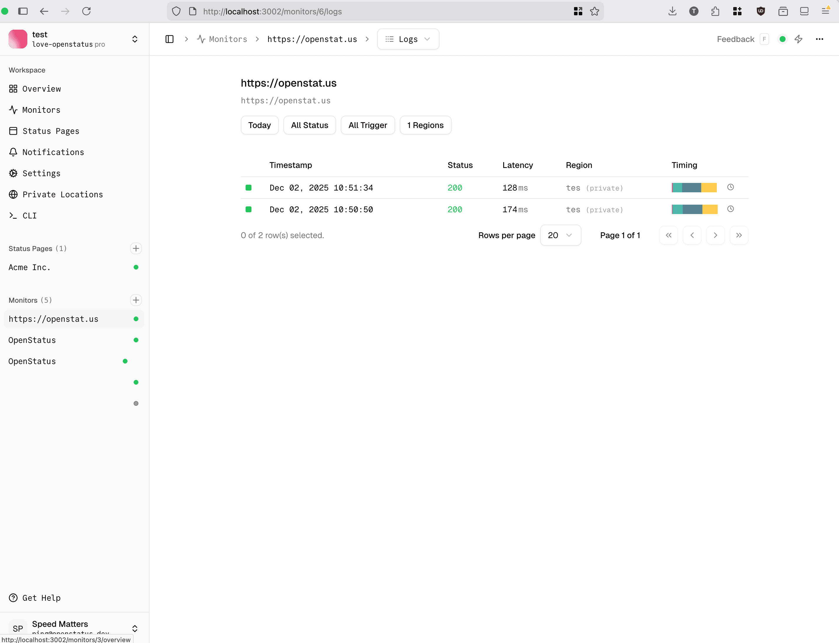 openstatus running locally with self-hosted services